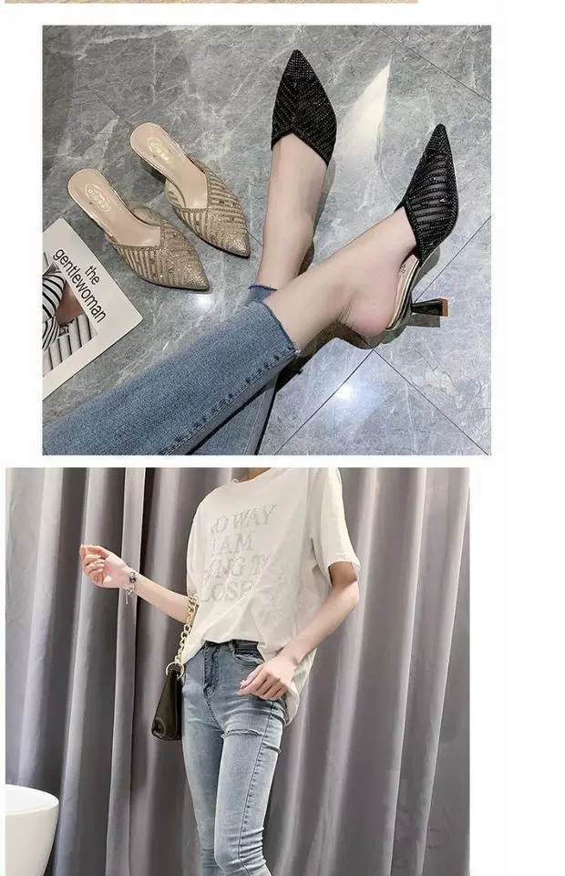 女士前包後空鑲鑽尖頭低跟拖鞋 6
